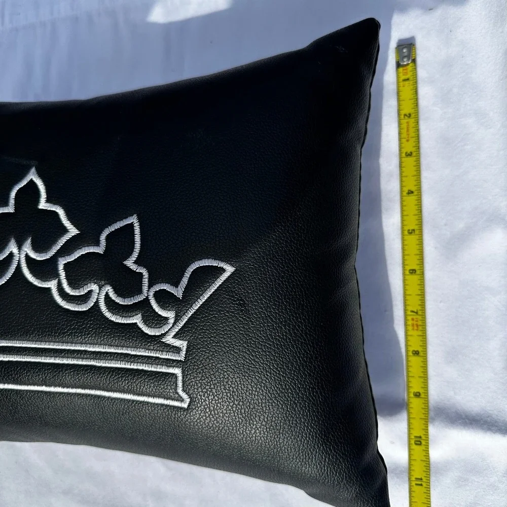 Crown Throw Pillow 14x9 Black Faux Leather‎ White Embroidered Regal